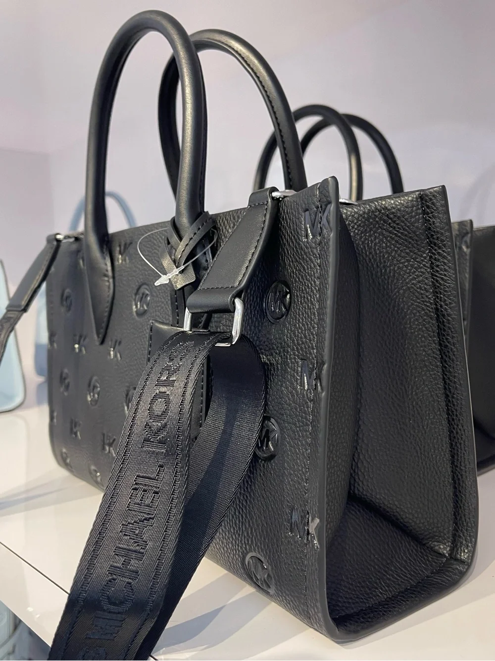 Michael Kors Mirella Md Logo Debossed EW Top Zip Satchel Shoulder Tote Black NWT